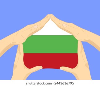 Casa de la mano con la bandera de Bulgaria, idea residencial o de inversión, bienes raíces en Bulgaria, diseño vectorial, comprar casa en el país extranjero, vivienda y concepto de hogar