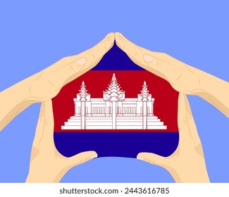 Hand home with Cambodia flag, residential or investment idea, real estate in Cambodia, vector design, buying house in foreign country, housing and home concept