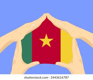 Hand home with Cameroon flag, residential or investment idea, real estate in Cameroon, vector design, buying house in foreign country, housing and home concept