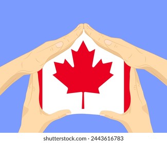 Casa de mano con bandera de Canadá, idea residencial o de inversión, bienes raíces en Canadá, diseño vectorial, comprar casa en el país extranjero, vivienda y concepto de hogar