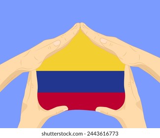 Hand home with Colombia flag, residential or investment idea, real estate in Colombia, vector design, buying house in foreign country, housing and home concept