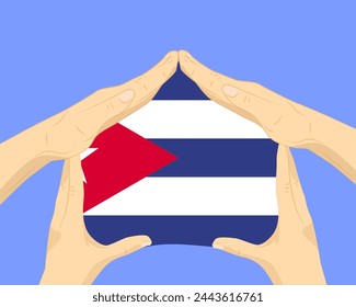 Casa de mano con bandera de Cuba, idea residencial o de inversión, bienes raíces en Cuba, diseño vectorial, compra de casa en el extranjero, vivienda y concepto de hogar