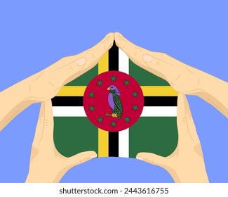 Casa de la mano con la bandera de Dominica, idea residencial o de inversión, bienes raíces en Dominica, diseño vectorial, comprar casa en el país extranjero, vivienda y concepto de hogar