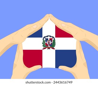 Casa de mano con bandera de República Dominicana, idea residencial o de inversión, bienes raíces en República Dominicana, diseño vectorial, compra de casa en el extranjero, vivienda y concepto de hogar