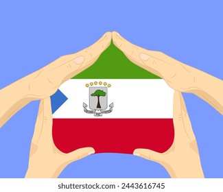 Hand home with Equatorial Guinea flag, residential or investment idea, real estate in Equatorial Guinea, vector design, buying house in foreign country, housing and home concept