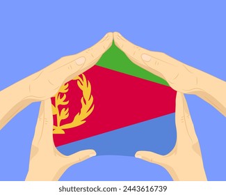 Hand home with Eritrea flag, residential or investment idea, real estate in Eritrea, vector design, buying house in foreign country, housing and home concept