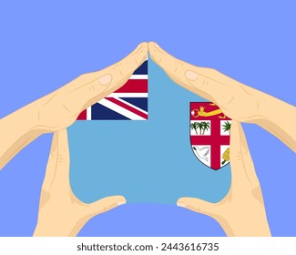 Mano a casa con la bandera de Fiji, idea residencial o de inversión, bienes raíces en Fiji, diseño vectorial, comprar casa en el país extranjero, vivienda y concepto de hogar