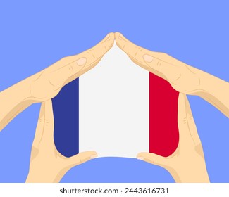 Hand home with France flag, residential or investment idea, real estate in France, vector design, buying house in foreign country, housing and home concept