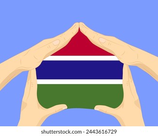 Casa de la mano con la bandera de Gambia, idea residencial o de inversión, bienes raíces en Gambia, diseño vectorial, comprar casa en el país extranjero, vivienda y concepto de hogar