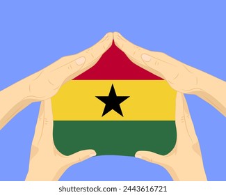 Hand home with Ghana flag, residential or investment idea, real estate in Ghana, vector design, buying house in foreign country, housing and home concept