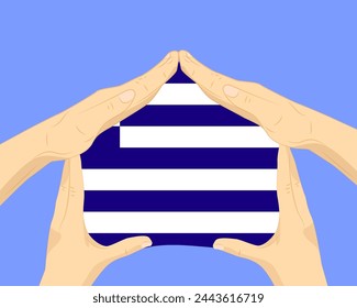 Hand home with Greece flag, residential or investment idea, real estate in Greece, vector design, buying house in foreign country, housing and home concept