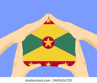 Hand home with Grenada flag, residential or investment idea, real estate in Grenada, vector design, buying house in foreign country, housing and home concept