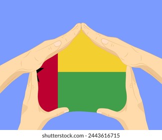 Mano a casa con la bandera de Guinea Bissau, idea residencial o de inversión, bienes raíces en Guinea Bissau, diseño vectorial, comprar casa en el extranjero, vivienda y concepto de hogar