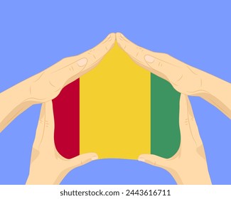 Hand home with Guinea flag, residential or investment idea, real estate in Guinea, vector design, buying house in foreign country, housing and home concept