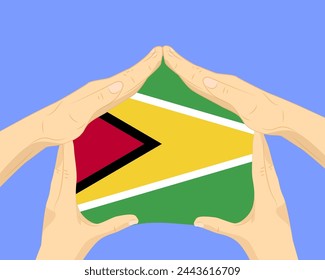 Mano a casa con la bandera de Guyana, idea residencial o de inversión, bienes raíces en Guyana, diseño vectorial, comprar casa en el país extranjero, vivienda y concepto de hogar