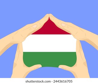 Hand home with Hungary flag, residential or investment idea, real estate in Hungary, vector design, buying house in foreign country, housing and home concept