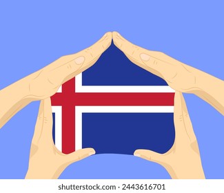 Hand home with Iceland flag, residential or investment idea, real estate in Iceland, vector design, buying house in foreign country, housing and home concept