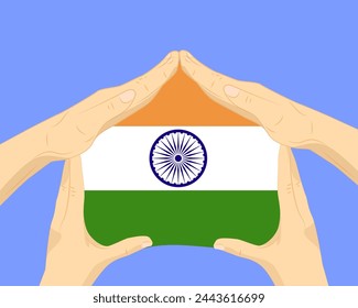 Hand home with India flag, residential or investment idea, real estate in India, vector design, buying house in foreign country, housing and home concept