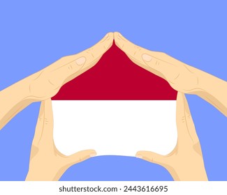 Casa de la mano con la bandera de Indonesia, idea residencial o de inversión, bienes raíces en Indonesia, diseño vectorial, comprar casa en el país extranjero, vivienda y concepto de hogar