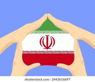 Hand home with Iran flag, residential or investment idea, real estate in Iran, vector design, buying house in foreign country, housing and home concept