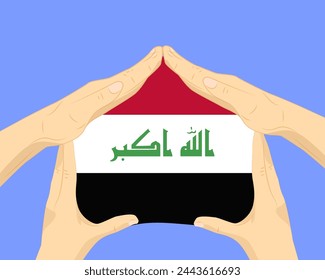 Hand home with Iraq flag, residential or investment idea, real estate in Iraq, vector design, buying house in foreign country, housing and home concept