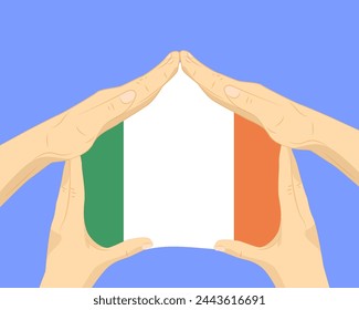 Casa de mano con bandera de Irlanda, idea residencial o de inversión, bienes raíces en Irlanda, diseño vectorial, comprar casa en el país extranjero, vivienda y concepto de hogar