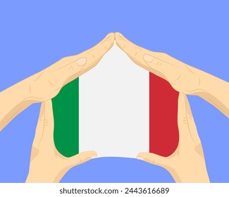 Hand home with Italy flag, residential or investment idea, real estate in Italy, vector design, buying house in foreign country, housing and home concept