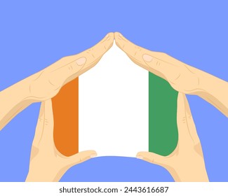 Hand home with Ivory Coast flag, residential or investment idea, real estate in Ivory Coast, vector design, buying house in foreign country, housing and home concept