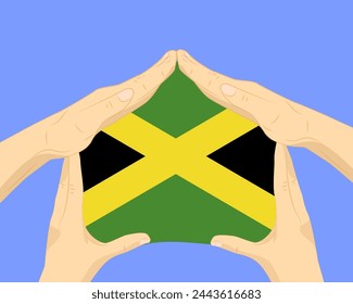 Mano a casa con la bandera de Jamaica, idea residencial o de inversión, bienes raíces en Jamaica, diseño vectorial, comprar casa en el país extranjero, vivienda y concepto de hogar