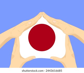 Hand home with Japan flag, residential or investment idea, real estate in Japan, vector design, buying house in foreign country, housing and home concept