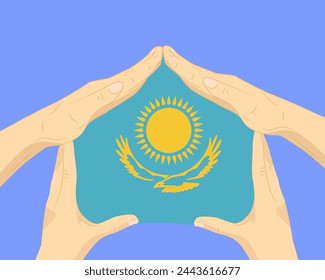 Hand home with Kazakhstan flag, residential or investment idea, real estate in Kazakhstan, vector design, buying house in foreign country, housing and home concept