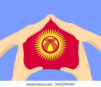 Hand home with Kyrgyzstan flag, residential or investment idea, real estate in Kyrgyzstan, vector design, buying house in foreign country, housing and home concept