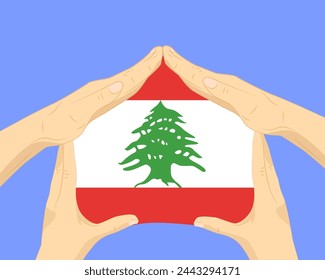 Hand home with Lebanon flag, residential or investment idea, real estate in Lebanon, vector design, buying house in foreign country, housing and home concept