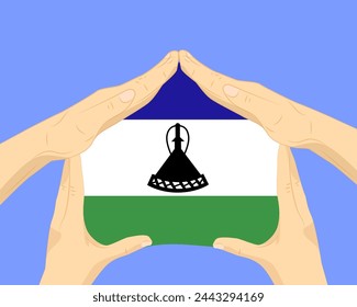 Mano a casa con la bandera de Lesotho, idea residencial o de inversión, bienes raíces en Lesotho, diseño vectorial, comprar casa en el país extranjero, vivienda y concepto de hogar