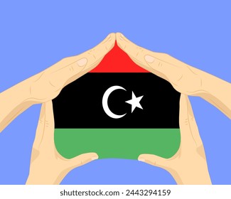 Hand home with Libya flag, residential or investment idea, real estate in Libya, vector design, buying house in foreign country, housing and home concept