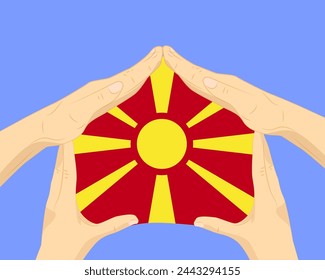 Hand home with Macedonia flag, residential or investment idea, real estate in Macedonia, vector design, buying house in foreign country, housing and home concept