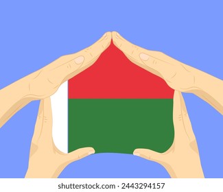 Hand home with Madagascar flag, residential or investment idea, real estate in Madagascar, vector design, buying house in foreign country, housing and home concept