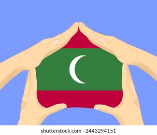 Hand home with Maldives flag, residential or investment idea, real estate in Maldives, vector design, buying house in foreign country, housing and home concept