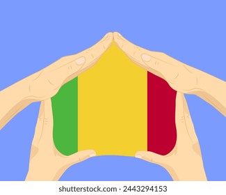 Mano a casa con la bandera de Mali, idea residencial o de inversión, bienes raíces en Mali, diseño vectorial, comprar casa en el país extranjero, vivienda y concepto de hogar