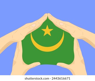 Hand home with Mauritania flag, residential or investment idea, real estate in Mauritania, vector design, buying house in foreign country, housing and home concept