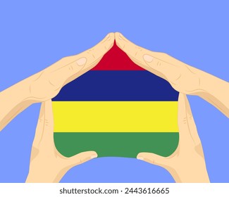 Hand home with Mauritius flag, residential or investment idea, real estate in Mauritius, vector design, buying house in foreign country, housing and home concept