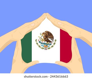 Hand home with Mexico flag, residential or investment idea, real estate in Mexico, vector design, buying house in foreign country, housing and home concept