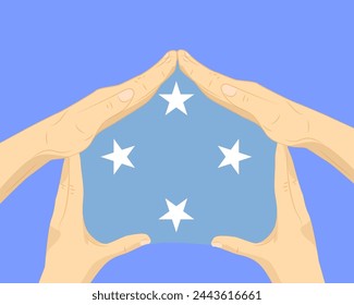 Hand home with Micronesia flag, residential or investment idea, real estate in Micronesia, vector design, buying house in foreign country, housing and home concept