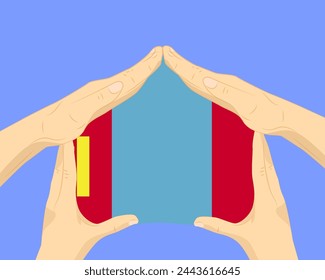 Hand home with Mongolia flag, residential or investment idea, real estate in Mongolia, vector design, buying house in foreign country, housing and home concept