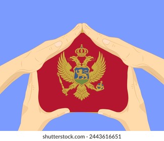 Casa de mano con bandera de Montenegro, idea residencial o de inversión, bienes raíces en Montenegro, diseño vectorial, comprar casa en el país extranjero, vivienda y concepto de hogar