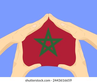 Hand home with Morocco flag, residential or investment idea, real estate in Morocco, vector design, buying house in foreign country, housing and home concept