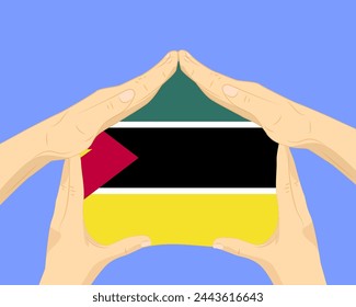 Casa de la mano con la bandera de Mozambique, idea residencial o de inversión, bienes raíces en Mozambique, diseño vectorial, comprar casa en el país extranjero, vivienda y concepto de hogar