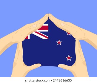 Hand home with New Zealand flag, residential or investment idea, real estate in New Zealand, vector design, buying house in foreign country, housing and home concept