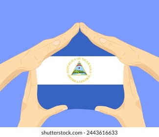 Casa de mano con bandera de Nicaragua, idea residencial o de inversión, bienes raíces en Nicaragua, diseño vectorial, compra de casa en el país extranjero, vivienda y concepto de hogar