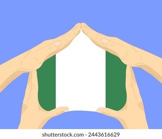 Mano a casa con la bandera de Nigeria, idea residencial o de inversión, bienes raíces en Nigeria, diseño vectorial, comprar casa en el país extranjero, vivienda y concepto de hogar